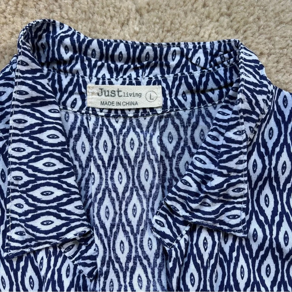 Just Living Women's White & Navy Button Up Shirt - L - VGUC - Rayon Linen Blend - Picture 5 of 8